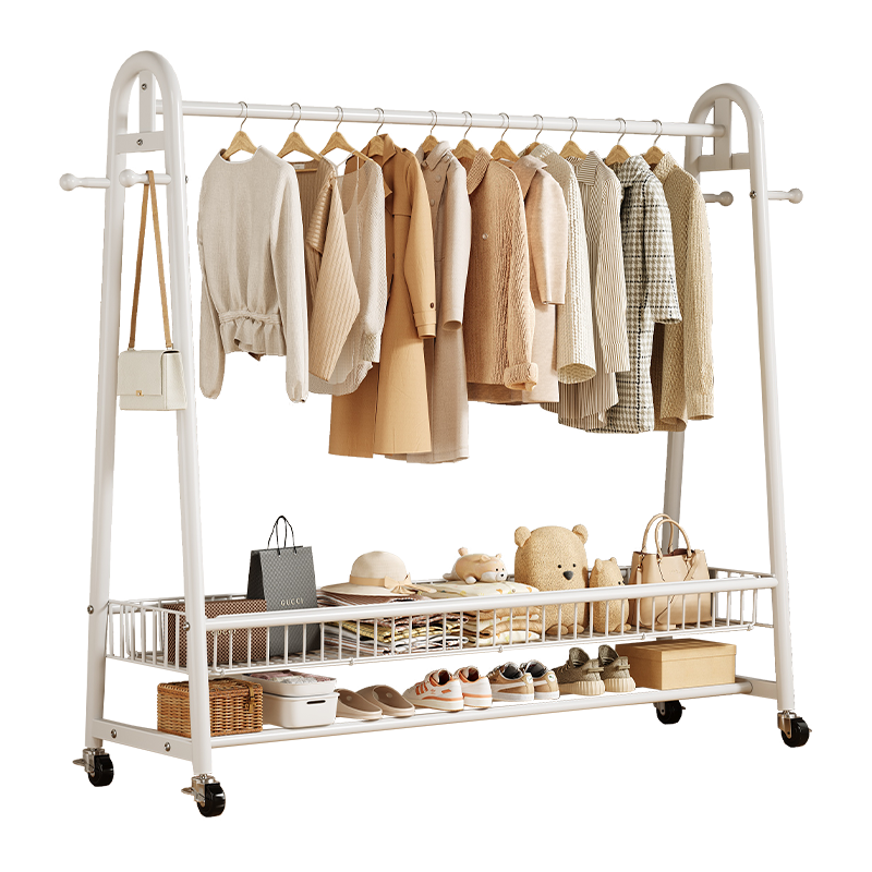 Shanshan Wooden Floor-Standing Clothes Hanger Coat Rack Bedroom Garment Rack Mobile Balcony Storage Shelf