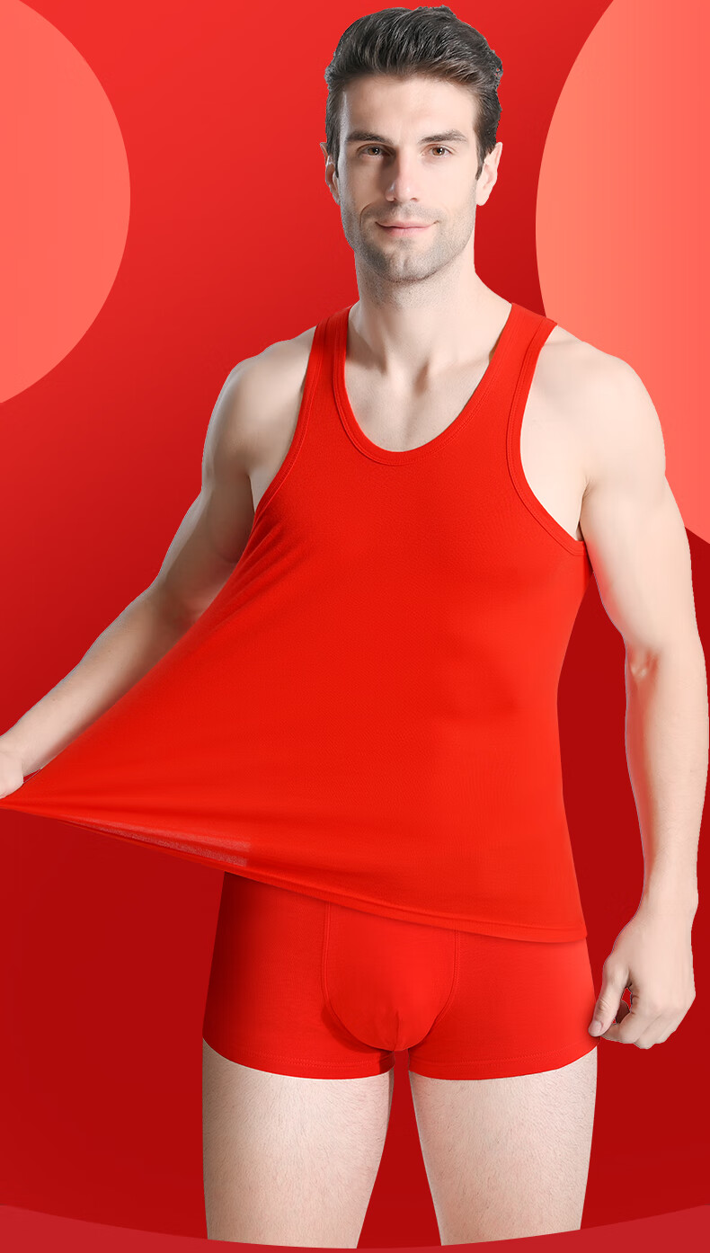 Langsha Red Vest Underwear Socks Men's Cotton Sleeveless Undershirt Underwear Set for Year of the Horse Wedding Base Layer 5