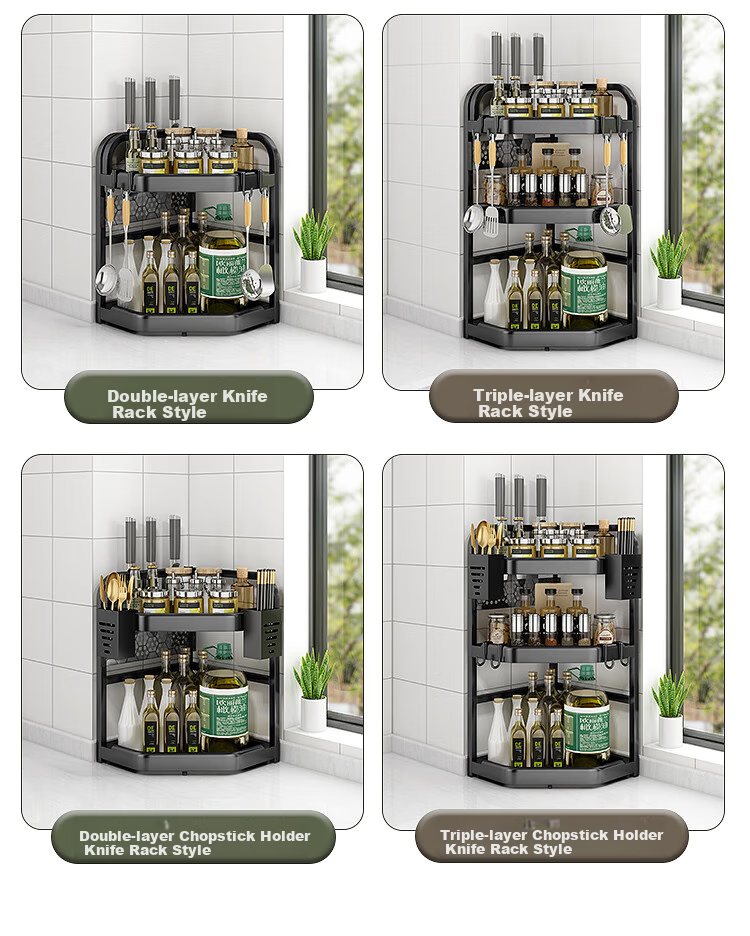 Jiuqiangu Corner Spice Rack, Kitchen Storage Shelf, Seasoning Bottle Holder with Hooks, Large Capacity Countertop Organizer Basket 6356 5