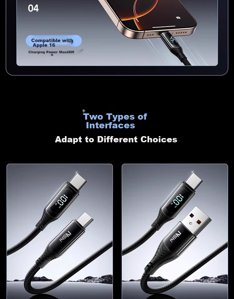Nengshi Type-C Data Cable, 60W Charging Cord, Digital Display Fast Charging, Suitable for Huawei Mate70/50/P60, Honor, Xiaomi 15 Ultra Tablet, USB Car Charger Cable, 1.5 Meters 3