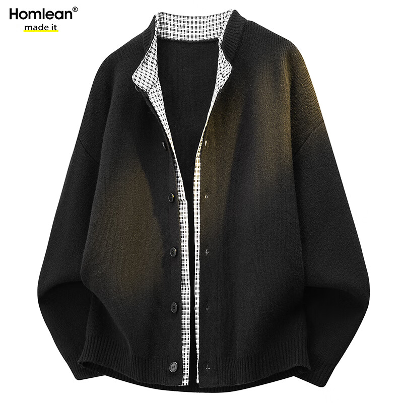 Homlean Heavyweight Faux Two-Piece Knit Cardigan Jacket Men Autumn Winter Retro Loose Lazy Style HS67 Black 3XL