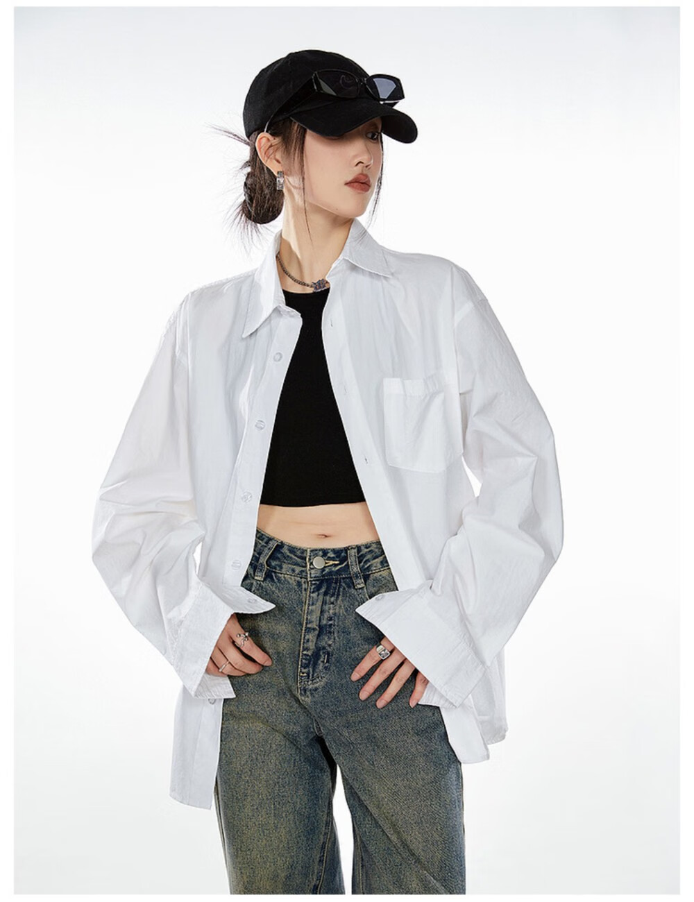 ICH MODE American Vintage White Shirt Women Casual Loose Fit Trendy Blouse Jacket Top Lazy Style White M 19
