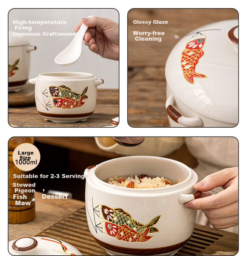 JD Original Ceramic Stew Pot with Lid And Spoon, for Soup, Steamed Eggs, Bird's Nest, And Baby Food, Zhu Yue Longmen Stew Pot 1000ML*1 2