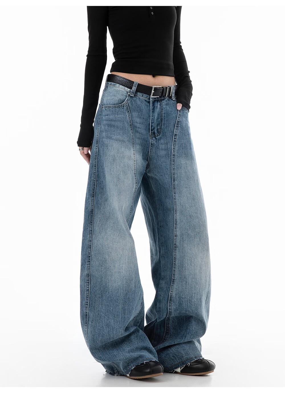 ICH MODE Women's American Vintage Washed Denim Jeans Spring Autumn Loose Straight Leg Curved Cut Casual Wide Leg Pants Blue XL 6