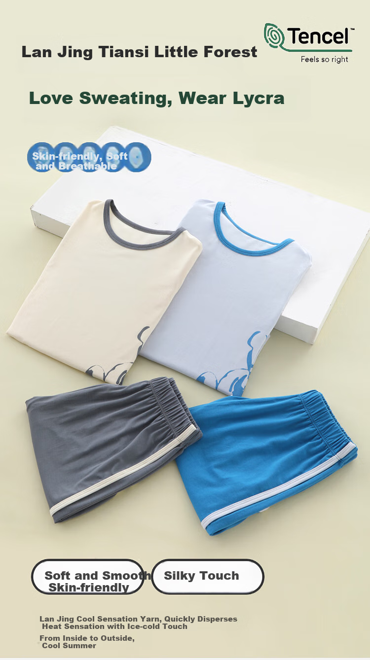 Dingguagua Children's Pajamas for Boys, Summer Thin Lyocell Cotton Sleepwear, Air Conditioning Wear, Big Kids Short-Sleeve Set 1
