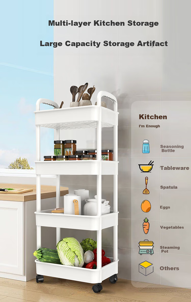 Jinlongxing Kitchen Trolley Storage Rack, Multi-Layer Baby Supplies Bathroom Floor Vegetable Snack Movable Storage Shelf, 4 Tiers 3