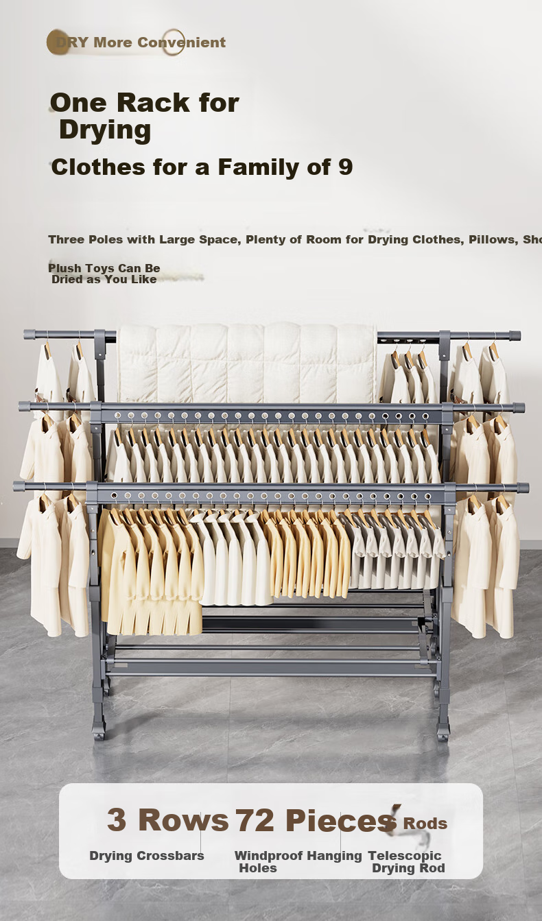 Cenggao Foldable Retractable Clothes Drying Rack, Indoor Balcony Home Use for Quilts And Clothes, Three-Pole Design, Champagne Gold Color, Large Size 3
