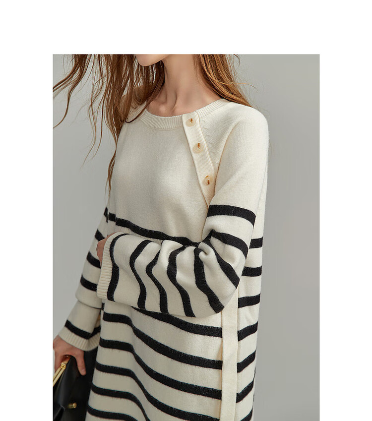Demana Minimalist Spring Autumn Crew Neck Striped Velvet Yarn Straight Asymmetric Button Mid-Length Dress for Women 5