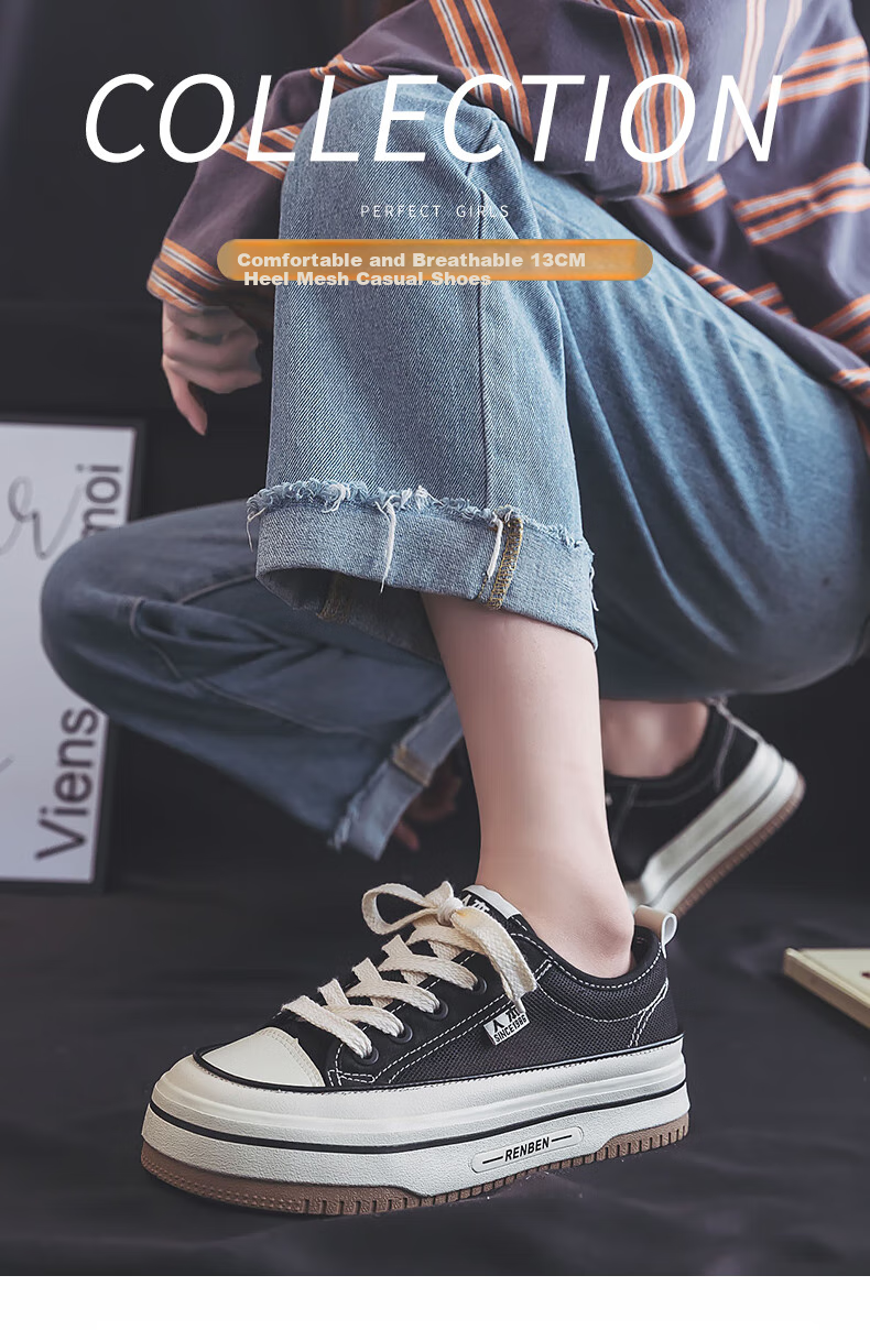 RENBEN Spring And Summer Canvas Shoes for Women, Breathable Mesh Women's Shoes, Thick-Soled Heightening Casual Shoes, Black (Canvas Style), Size 40 1