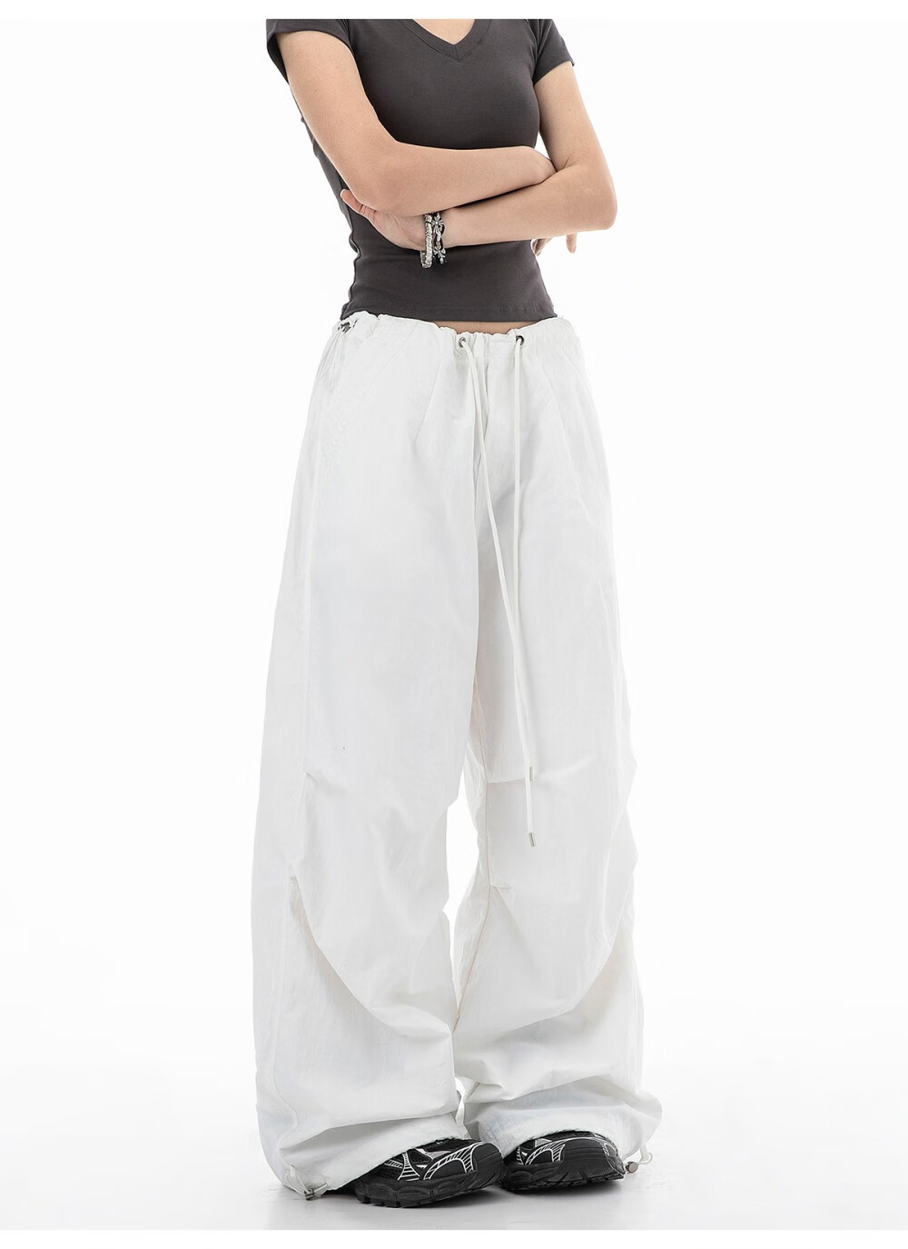 ICH MODE Women's American Style Paratrooper Cargo Pants Drawstring Sports Pants Straight Loose Wide-Leg Casual Pants Green M 14