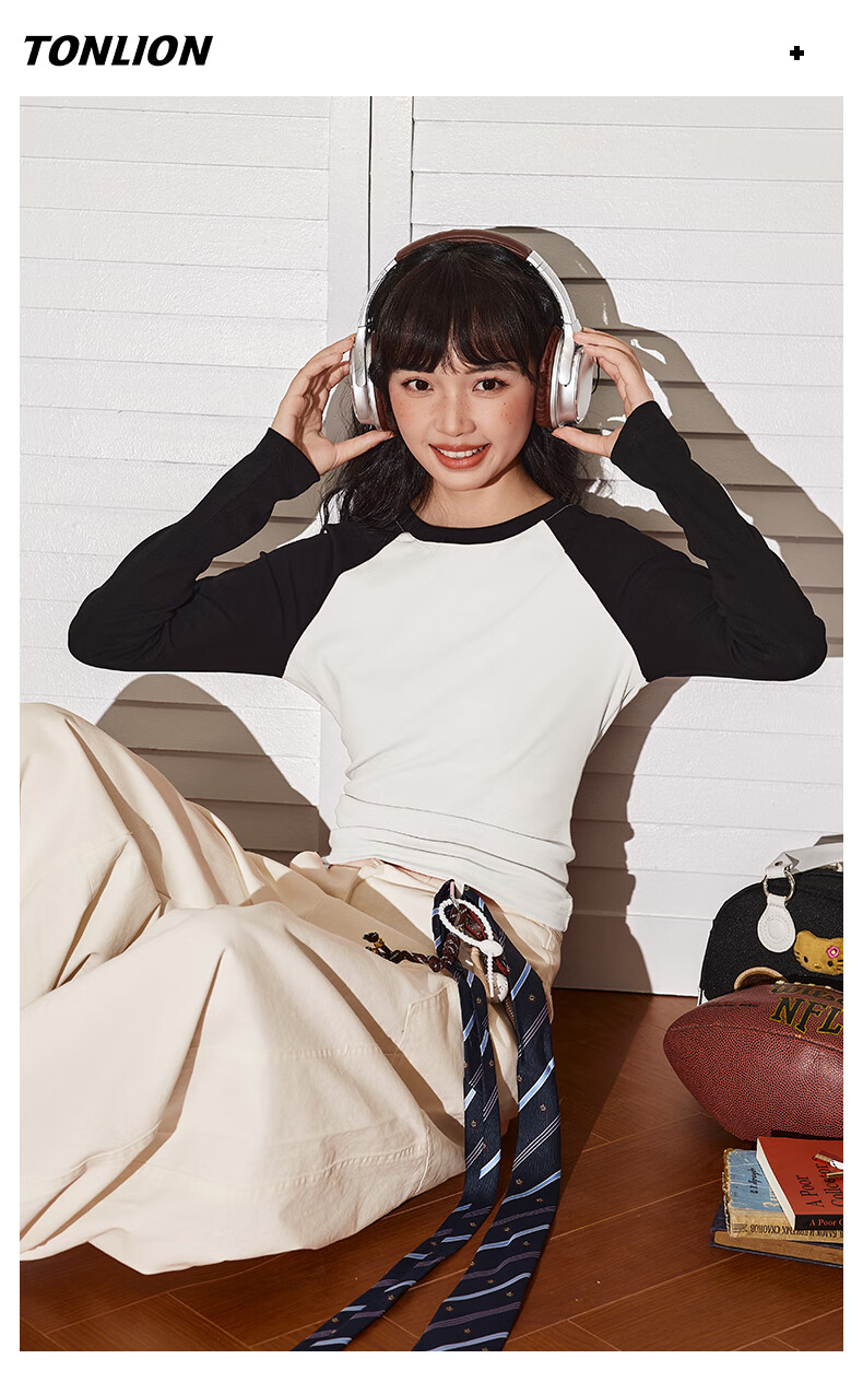 TonLion Women's Long Sleeve T-Shirt Short Color-Block Slim Fit Trendy Top Spring Autumn New 8