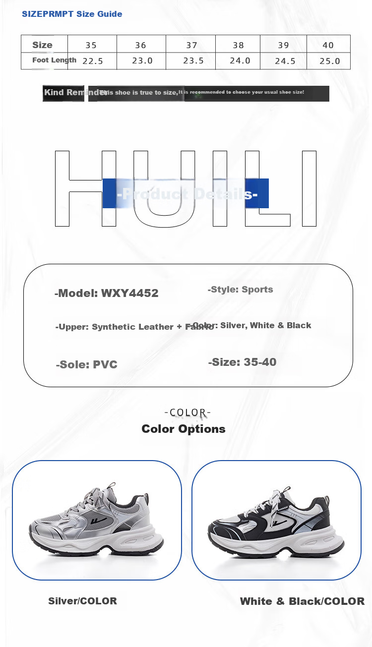 Huili Women's Mesh Thick-Soled Dad Shoes, Trendy Versatile Breathable Sneakers WXY4452, Silver Color, Size 35 2