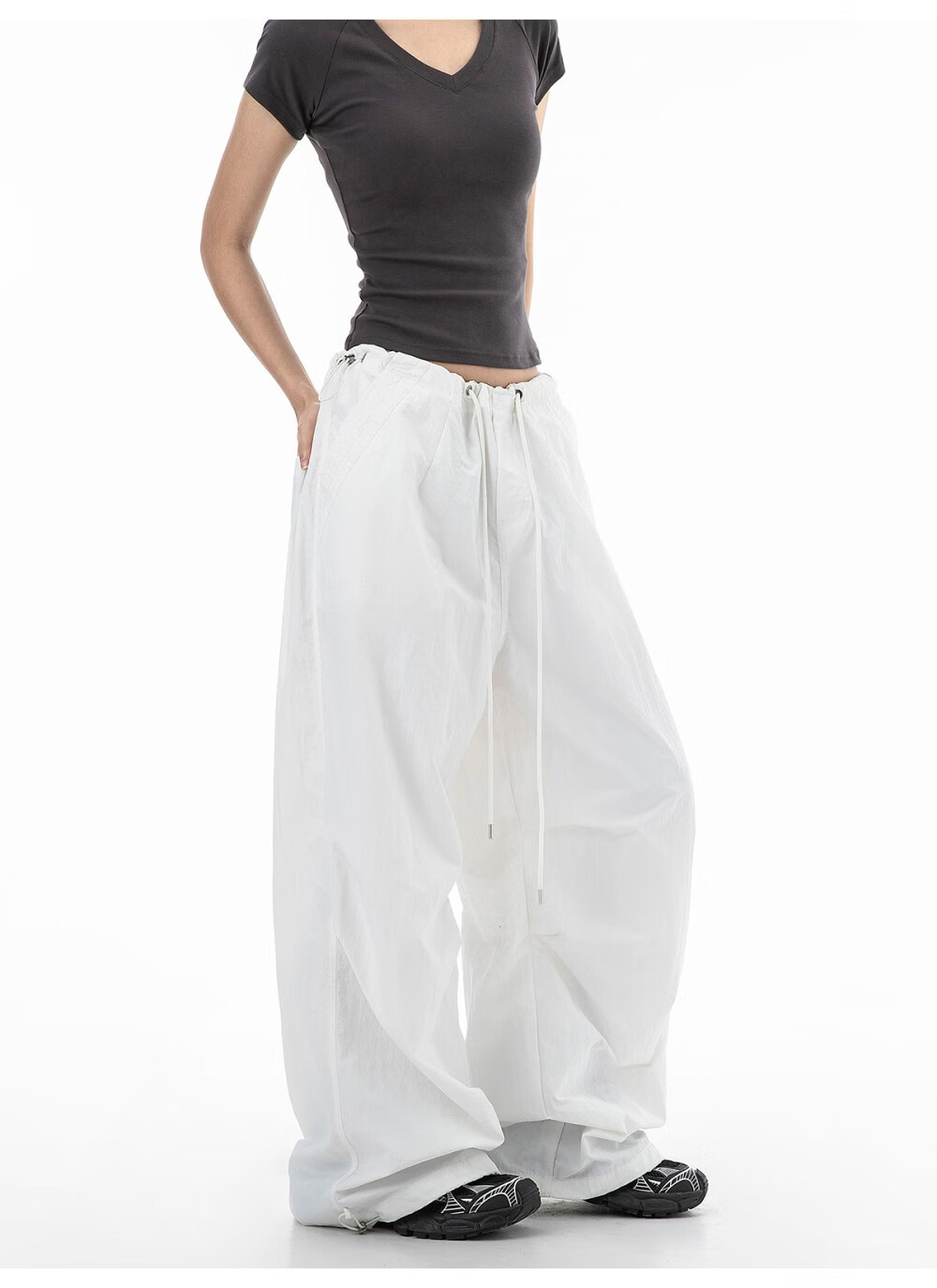 ICH MODE Women's American Style Paratrooper Cargo Pants Drawstring Sports Pants Straight Loose Wide-Leg Casual Pants Green M 12