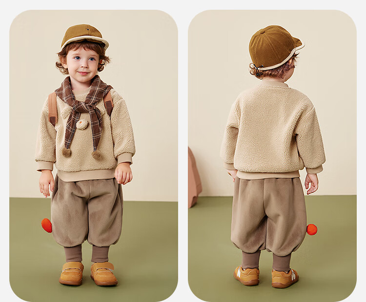 Minibala Unisex Kids Plush Set Loose Warm Long Sleeve Top and Pants Two-Piece Winter Outfit 3