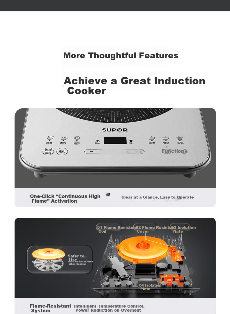 SUPOR Fenghuolun Series Induction Cooker, Household Continuous High Heat Electric Ceramic Stove, Even Heating Electromagnetic Cooker, Battery Stove, Electric Stove All-In Colorful Microcrystalline Panel Electric Stove C22-IA867D 34
