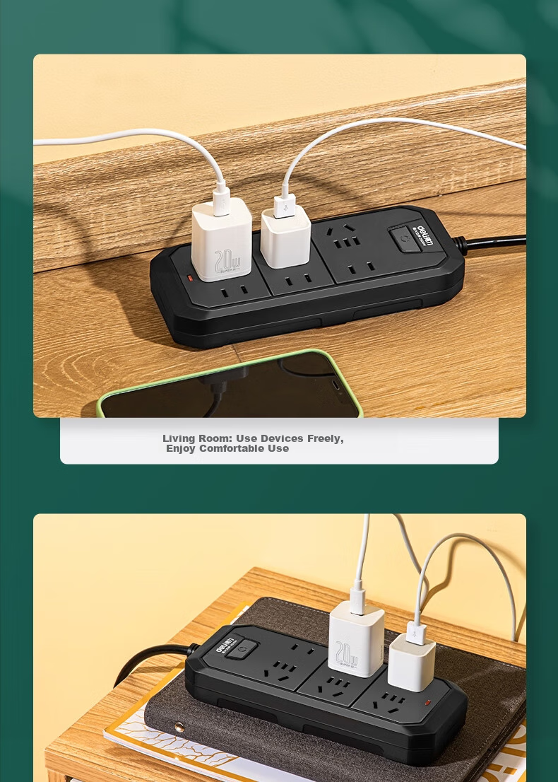 Deli 3C Certified National Standard Safe Power Strip, Extension Cord/Power Bar/Power Board/Surge Protector, 6 Outlets 3 Meters, Master Switch, Black, 18341(03) 10