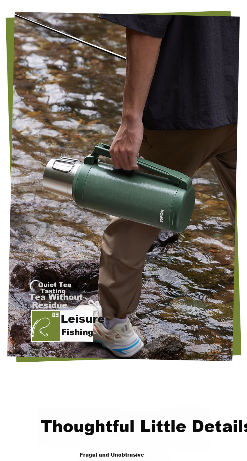 SUPOR Insulated Bottle, 316L Stainless Steel, Large Capacity Thermos, Car Water Bottle, Outdoor Travel Flask, Hot Water Bottle, 2.0L, Gree 15