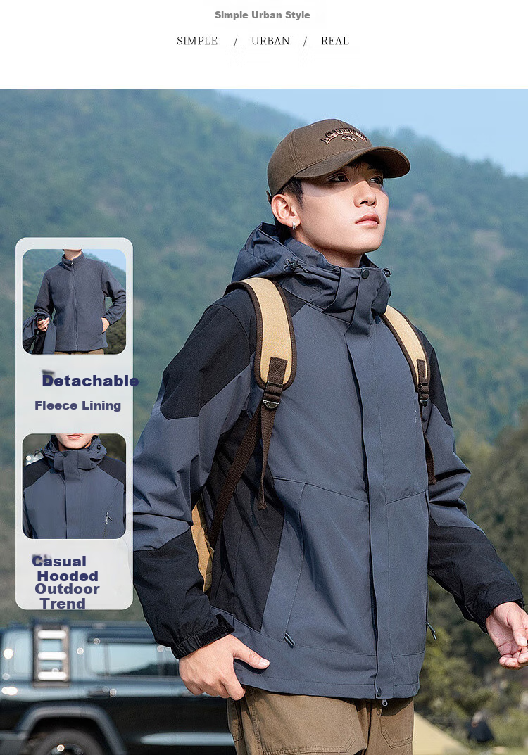 Mianzhi Men's and Women's 3-in-1 Windproof Outdoor Softshell Fleece Jacket Two-Piece Set Gray Black XL 3