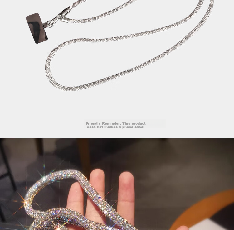 Dipuer Phone Chain Lanyard, Long Luxury Diamond Chain, High-End Anti-Loss Strap, Phone Neck Strap, Stainless Steel Clip, Patch, Women's Style [Silver Diamond Chain] 3