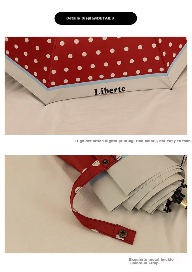 Fanyejia Vintage Hong Kong Style Sun Umbrella, Dual-Use for Sunny And Rainy Days, French Polka Dot Design, Sun Protection, UV Protection, Foldable, Curved Hook, Women's Sunshade Umbrella 12