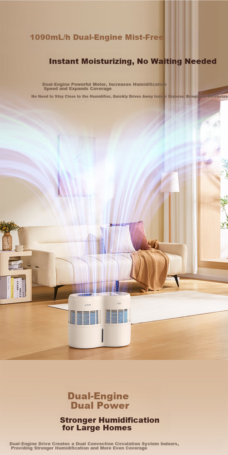 SUPOR [Shuangzixing] High-End Humidifier for Mother And Baby, Home Bedroom Use, No Mist, 1090 Large Humidification Capacity, Floor-Standing Double-Tank Whole House Office Large Space Humidifying Device EHLN-71E 4