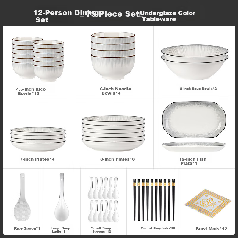 Ciliwanjia Bowl Home Set, Nordic Bowl Set, Tableware Complete Set, Ceramic Bowls And Chopsticks Set, Underglaze Colored Bowls And Plates, 75 Pieces