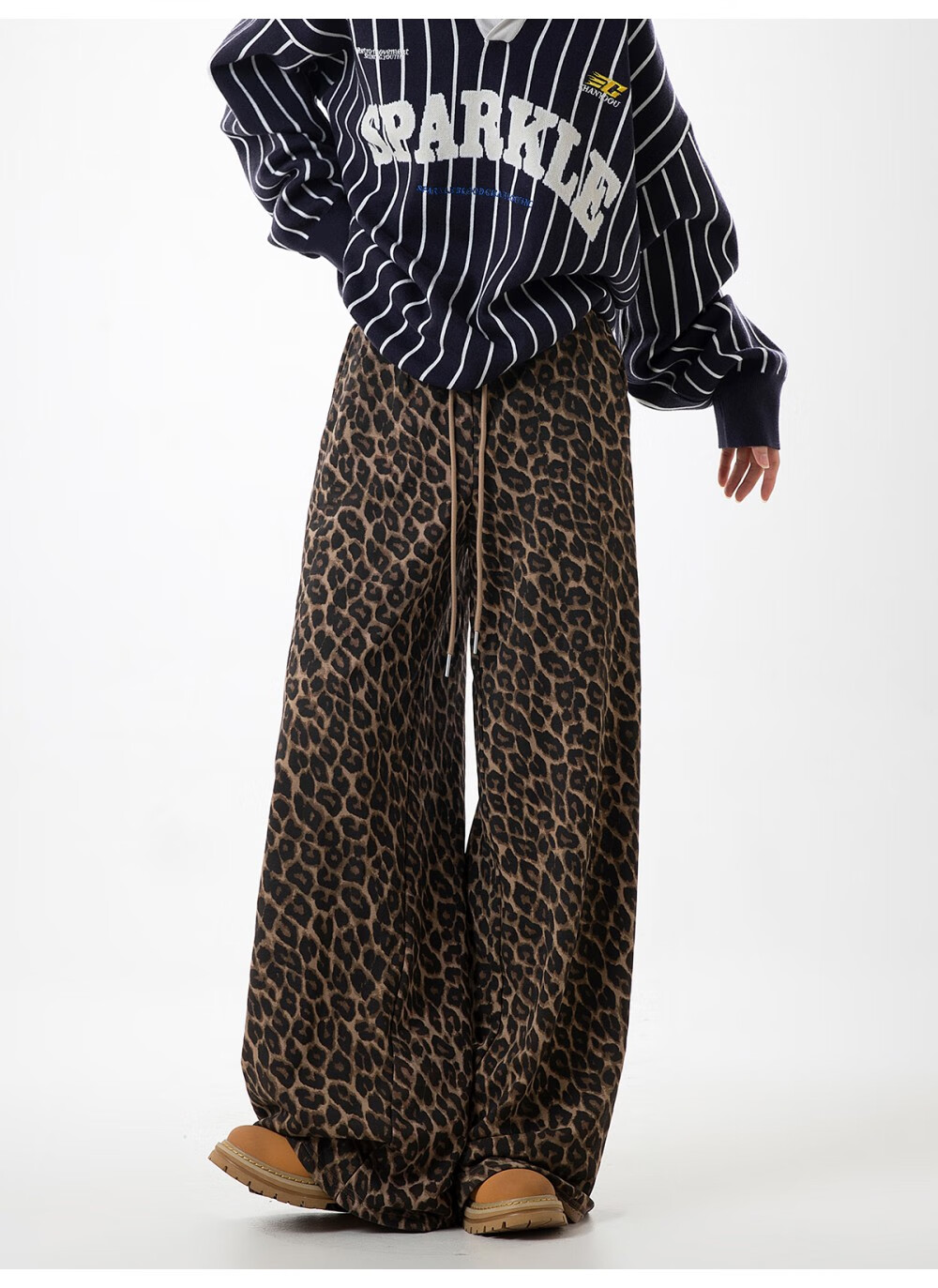 ICH MODE American Style Leopard Print Pants Casual Women's Pants 2026 Spring Summer New Loose Wide Leg Straight Pants Lazy Style Coffee Color Leopard Print XL 1