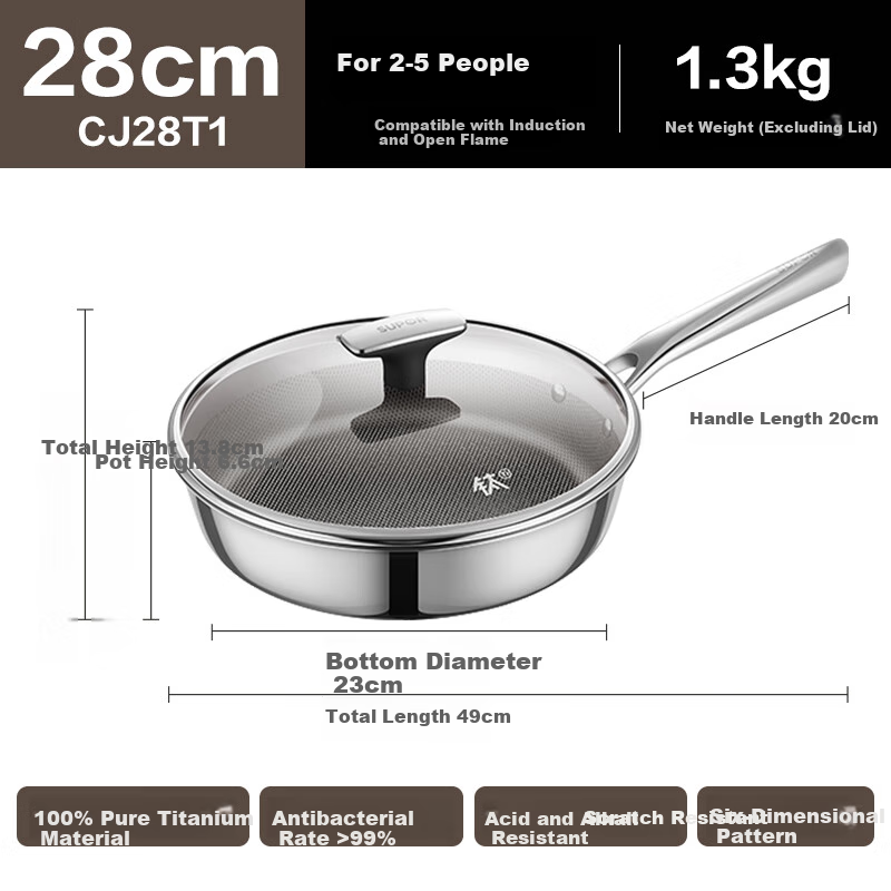 SUPOR (SUPOR) Titanium Non-Stick Frying Pan, 28cm Steak Pan, Compatible with Induction And Gas Stoves, Cooking Pan CJ28T1