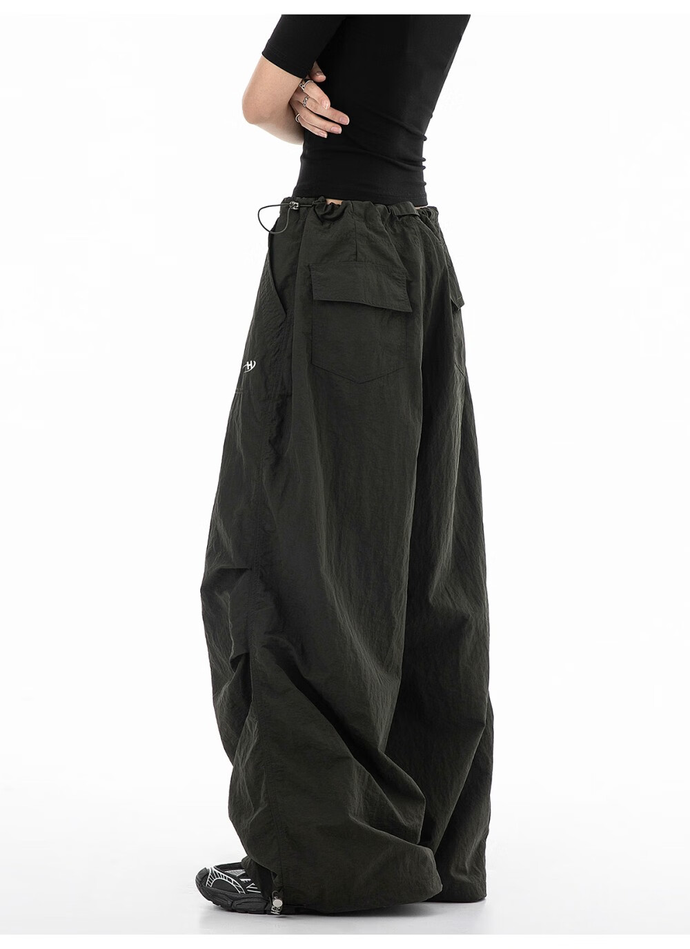 ICH MODE Women's American Style Paratrooper Cargo Pants Drawstring Sports Pants Straight Loose Wide-Leg Casual Pants Green M 9