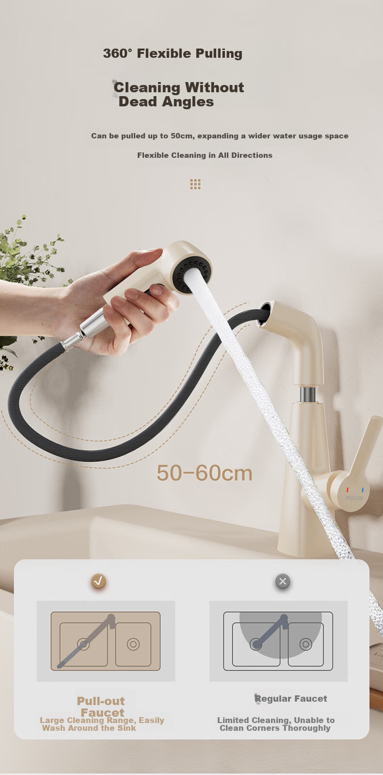 MICOE Basin Faucet Series, Adjustable Height Pull-Out Design, Cream White, Air-Cooled And Hot Water, Bathroom Sink And Washbasin Faucet 5