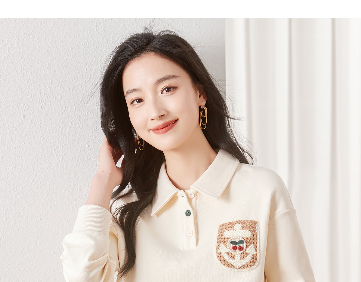 Chushen Women's Spring And Autumn Sweatshirt, College Style POLO Collar, Cherry Decoration, Loose Casual Top, S13KW1097 12