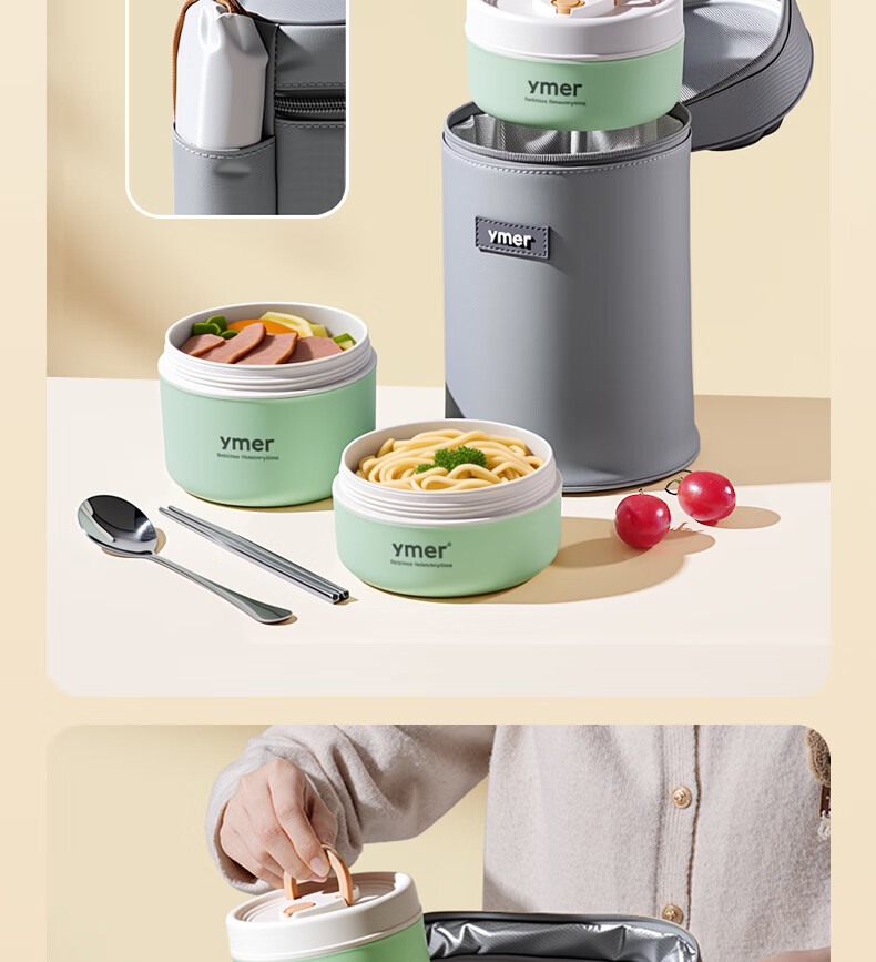 Ymer Insulated Lunch Box Microwaveable Ceramic Set Green 2-Pack (One Large, One Small) 23