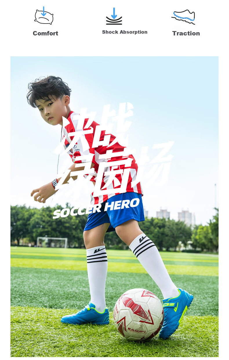 Huili Children's Soccer Shoes, TF Turf Studs with Velcro, for Boys And Girls of All Ages, Students, Model 685, Blue, Size 36 3