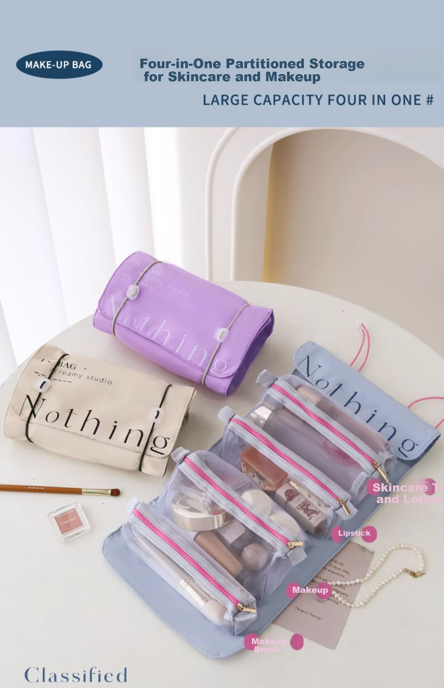 Fanyejia Foldable Travel Makeup Bag for Women, Portable Large Capacity Toiletry Bag, Storage Pouch, Travel Essential, Skincare Four-I 6