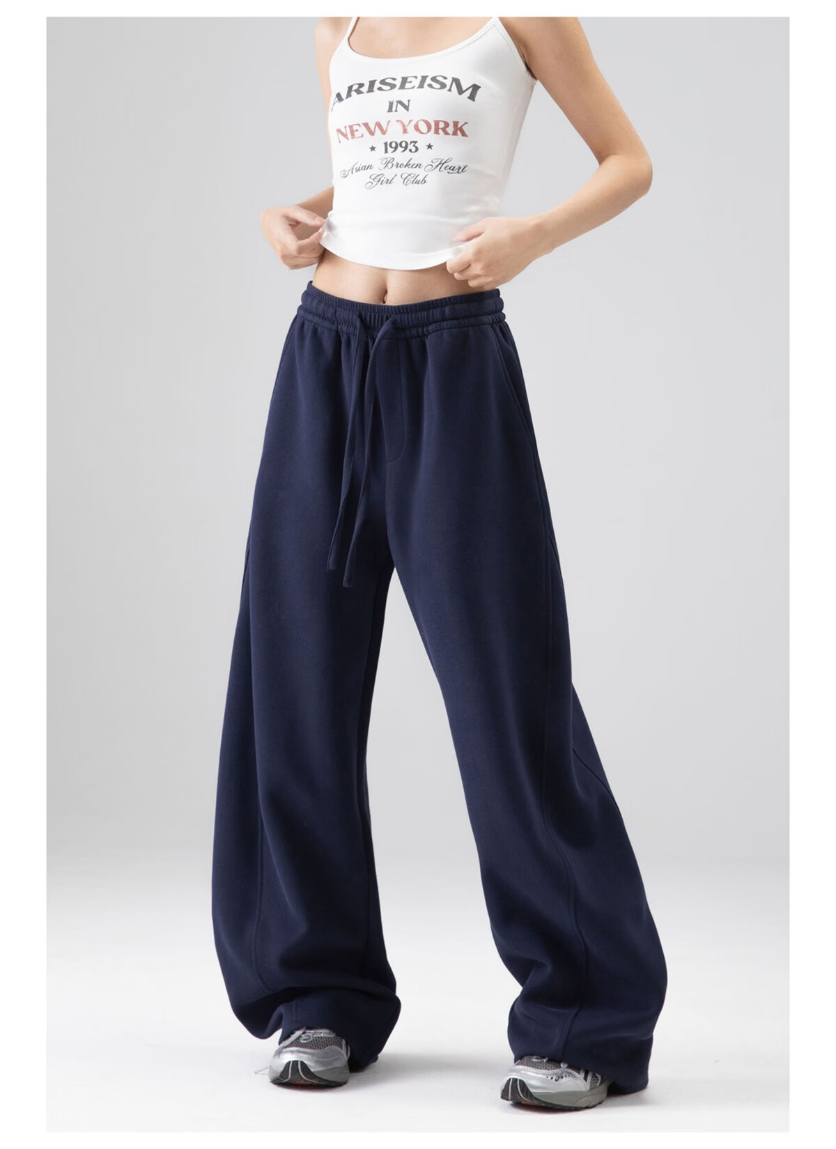 ICH MODE Women's American Style Sweatpants Sports Pants Spring Autumn New Loose Wide-Leg Casual Pants Curved Cut Navy Blue L 19