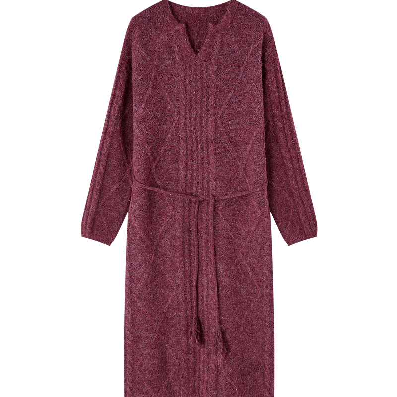 Demana "Lianlian Warm Breeze" Winter Elegant Cable Knit V-Neck Tassel Waist Sheep Wool Women's Dress