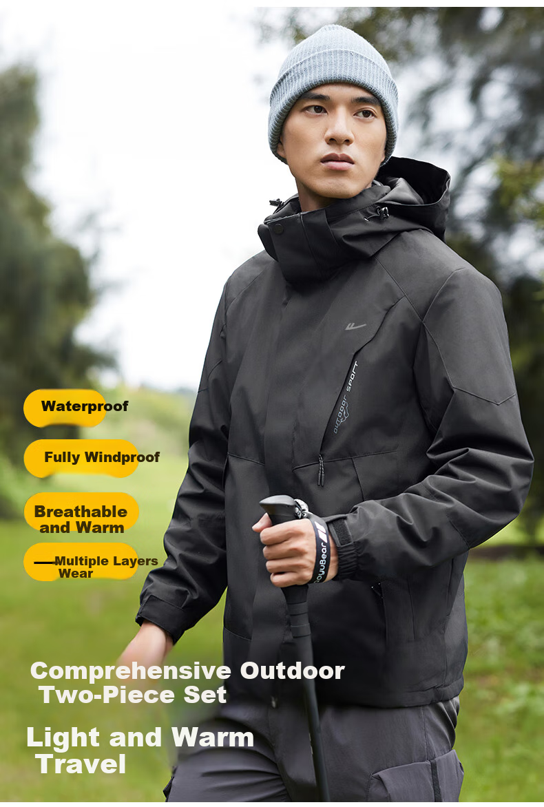 Warrior Men's Outdoor 3-in-1 Hooded Jacket Autumn Winter Detachable Liner Windproof Waterproof Coat 2