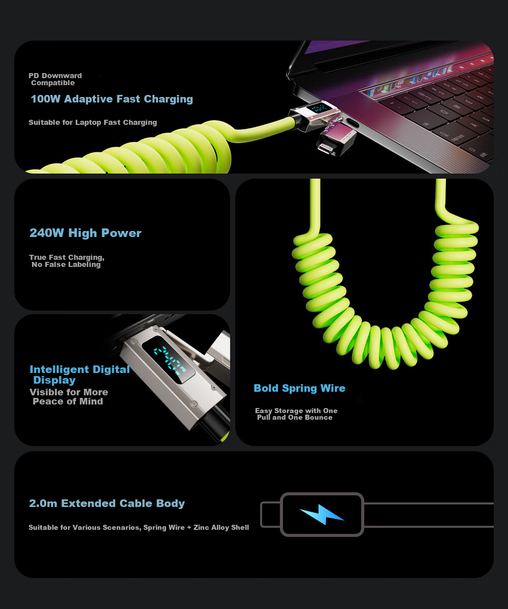 Beimo 240W Fast Charging Cable, Smart Digital Display Car Spring Data Cable, Four-In Car Screen Mirroring, Suitable for IPhone 18/17 Pro Max, Apple/Huawei/Xiaomi, 2 Meters, Gree 2