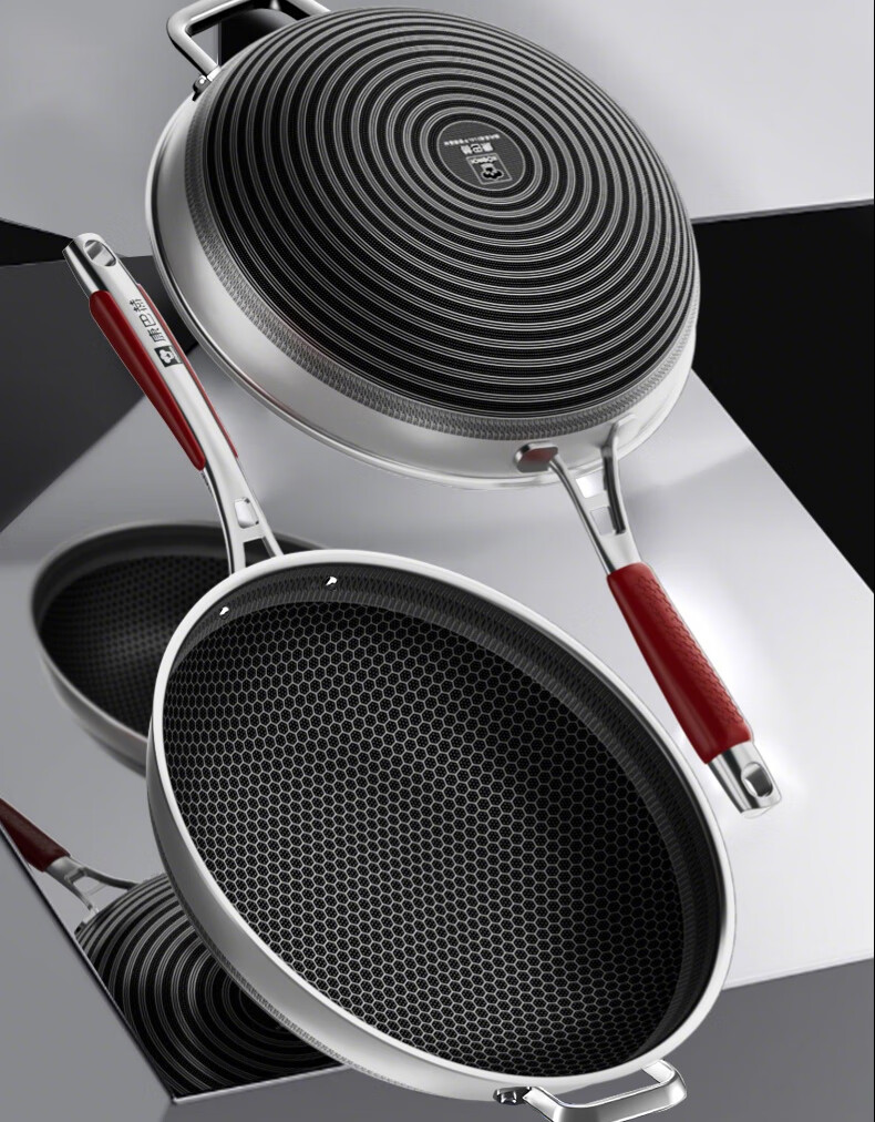 KBH New Non-Stick Wok 316L Stainless Steel 34cm Double-Sided Honeycomb Flat Bottom Induction Cooker Compatible Stir Fry Pan 2