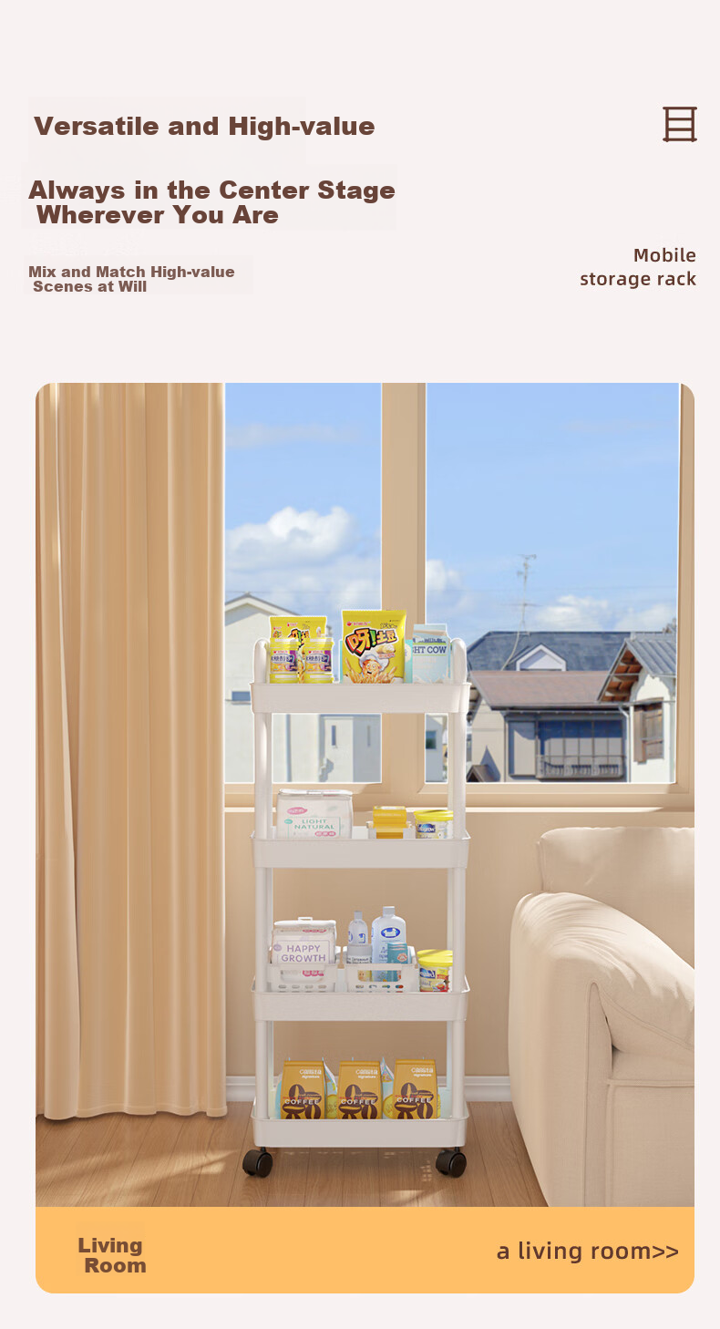 Shunyou Floor Storage Rack, Carbon Steel Shelving Unit, Mobile Kitchen Organizer, Three-Tier Trolley Cart, Pink, SY-1320 9