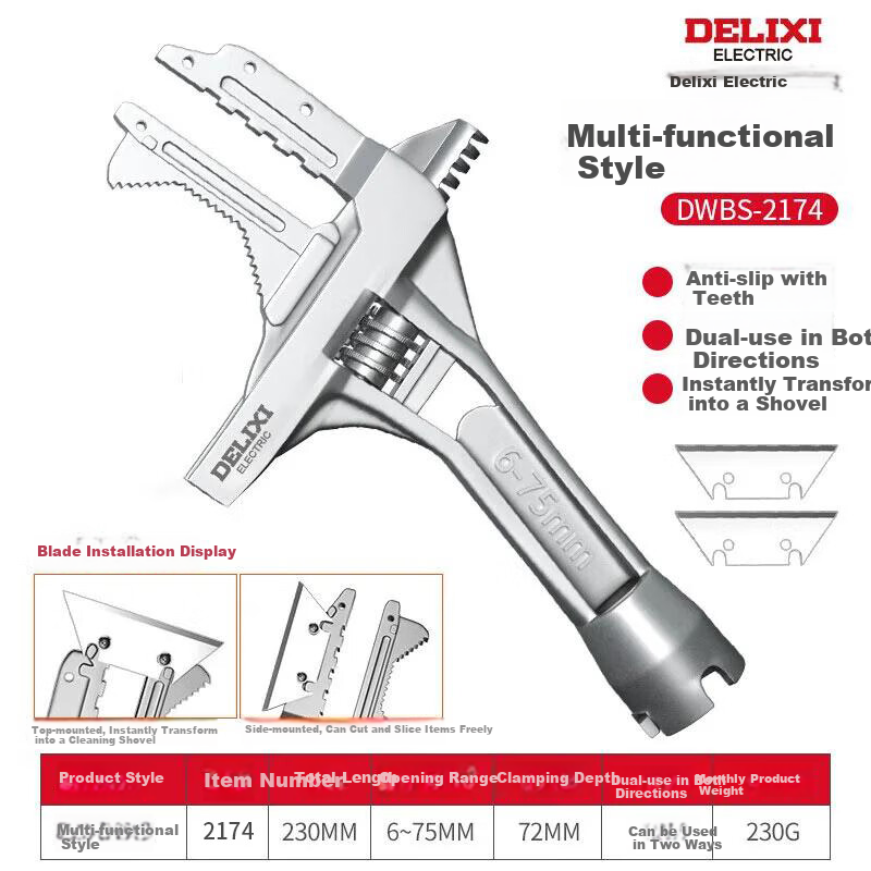 DELIXI Bathroom Wrench Tool, Multifunctional Short Handle Wide-Mouth Repair Spanner, Drain Pipe Air Conditioner Adjustable Wrench