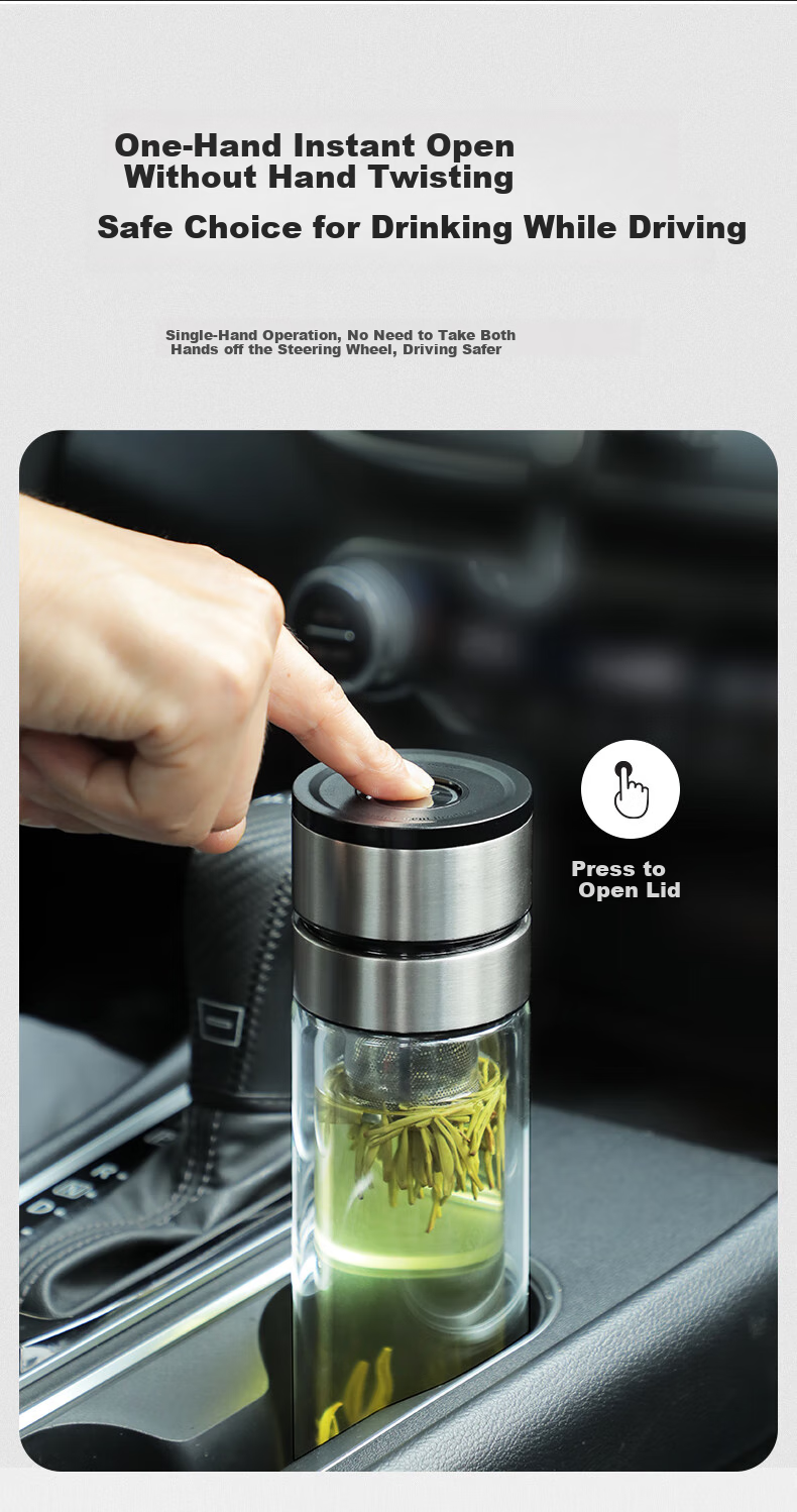 Fuguang Double-Layer Glass Cup, Car-Mounted One-Touch Lid Opening Tea Infuser Cup, High Borosilicate Tea-Water Separation Water Bottle for Men And Women, 300ml 3