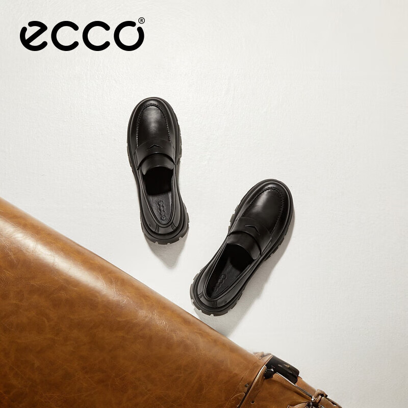 ECCO Loafers, Fashionable Thick-Soled Heightening Casual Leather Shoes for Women, Zunji 30 Women's Shoe Series 220723, Black, Size 37