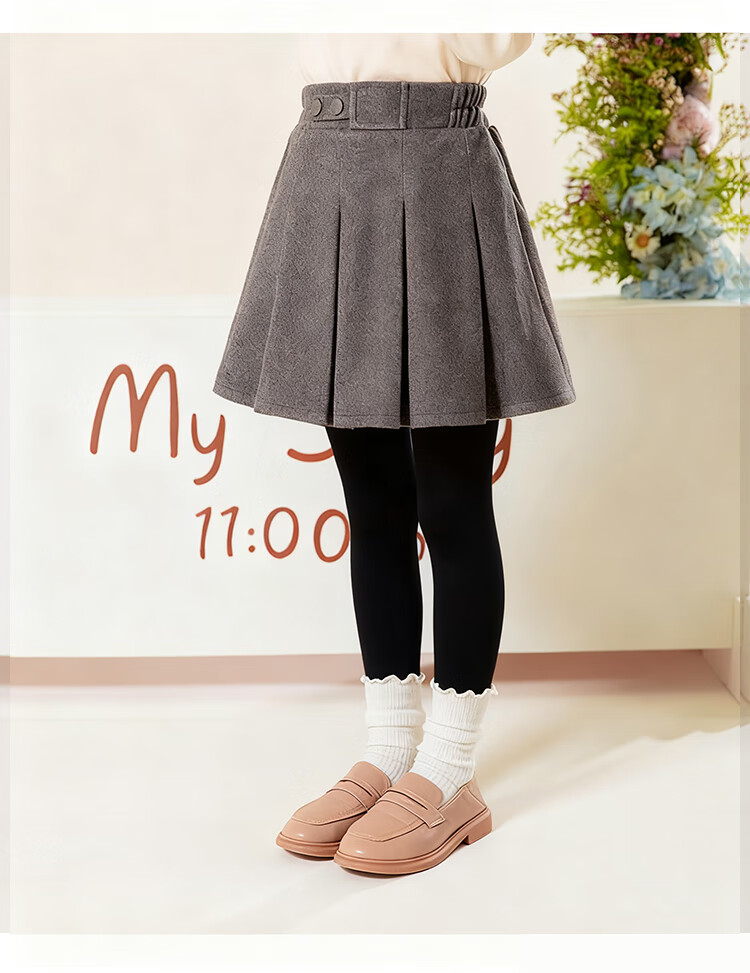 LUOBOBEIBEI Girls' Pleated Skirt, 2024 Autumn And Winter Korean Style Children's Preppy Style Girls' Woolen Midi Skirt, Khaki Color, Size 110 2