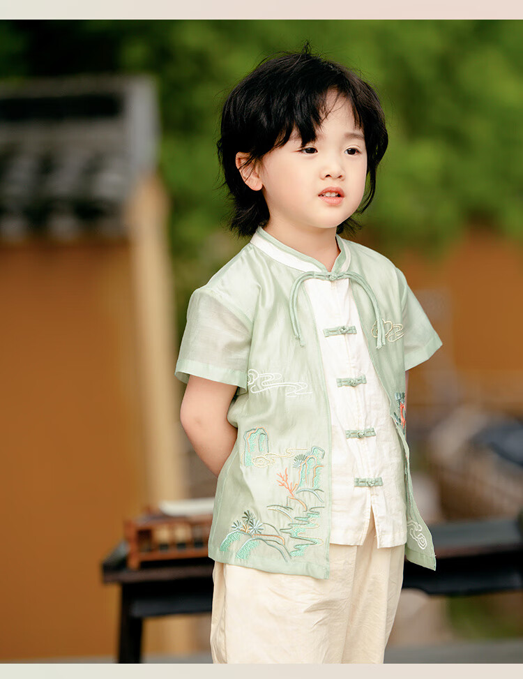 Menghu Xishan Hanfu Boys' 2026 New Tang Suit, Chinese Style New Children's Outfit, Green Top, Size 90 9