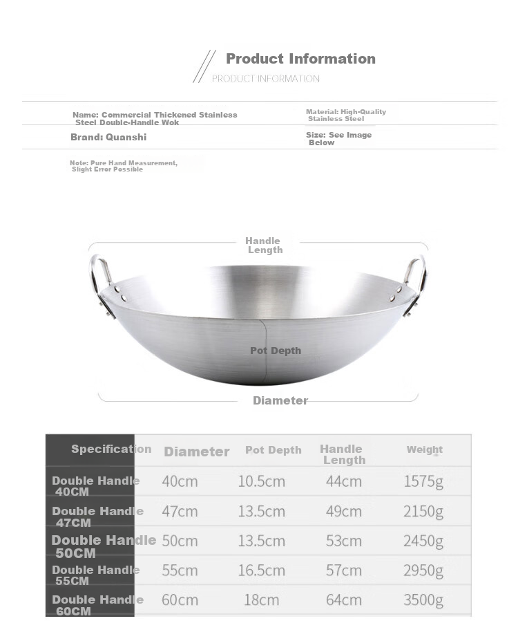 Quanshi Thickened Stainless Steel Wok, 50cm Commercial Double-Handled Wok, Suitable for Restaurants, Gas Stoves, Coal Stoves, Universal Round Bottom Frying Pa 2