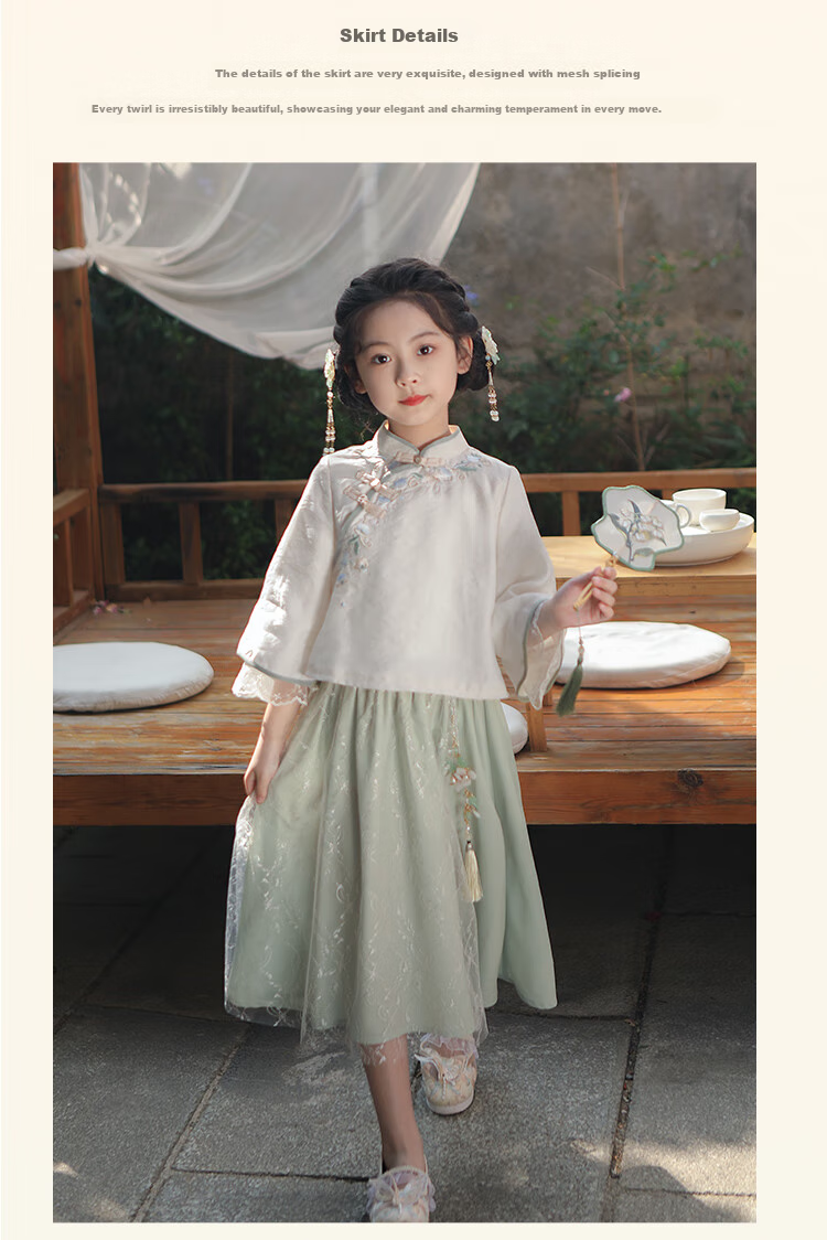 Qibo Hanfu Girls' Spring And Autumn Mid-Autumn Festival Kindergarten Performance Children's Chinese-Style New Traditional Set, Qingdai Long Sleeve, Size 100 11