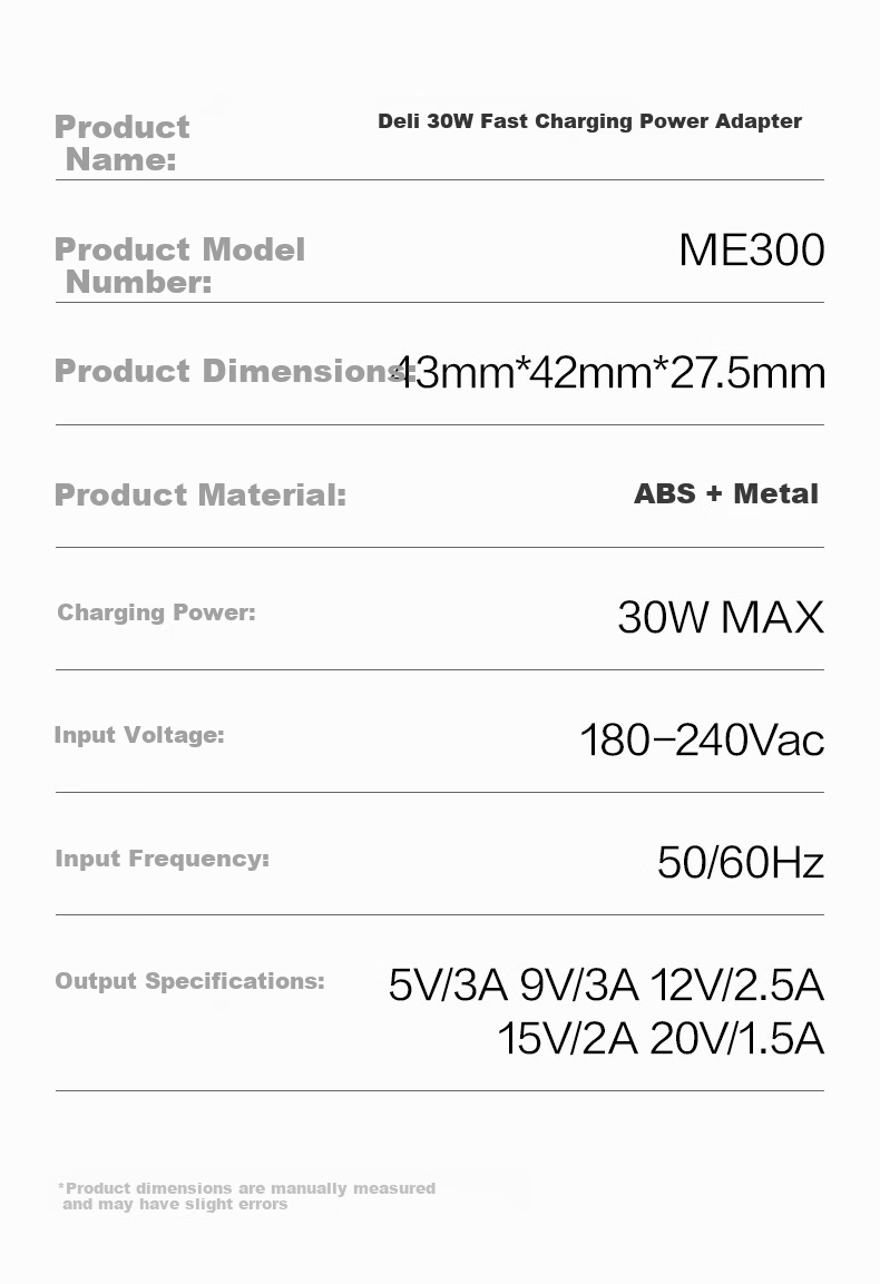 Deli PD30W GaN Fast Charging Type-C Adapter Compatible with 20W Apple Series IPhone 17, Huawei, Xiaomi, Android Phones, Tablets, Earphones USB-C Port 8