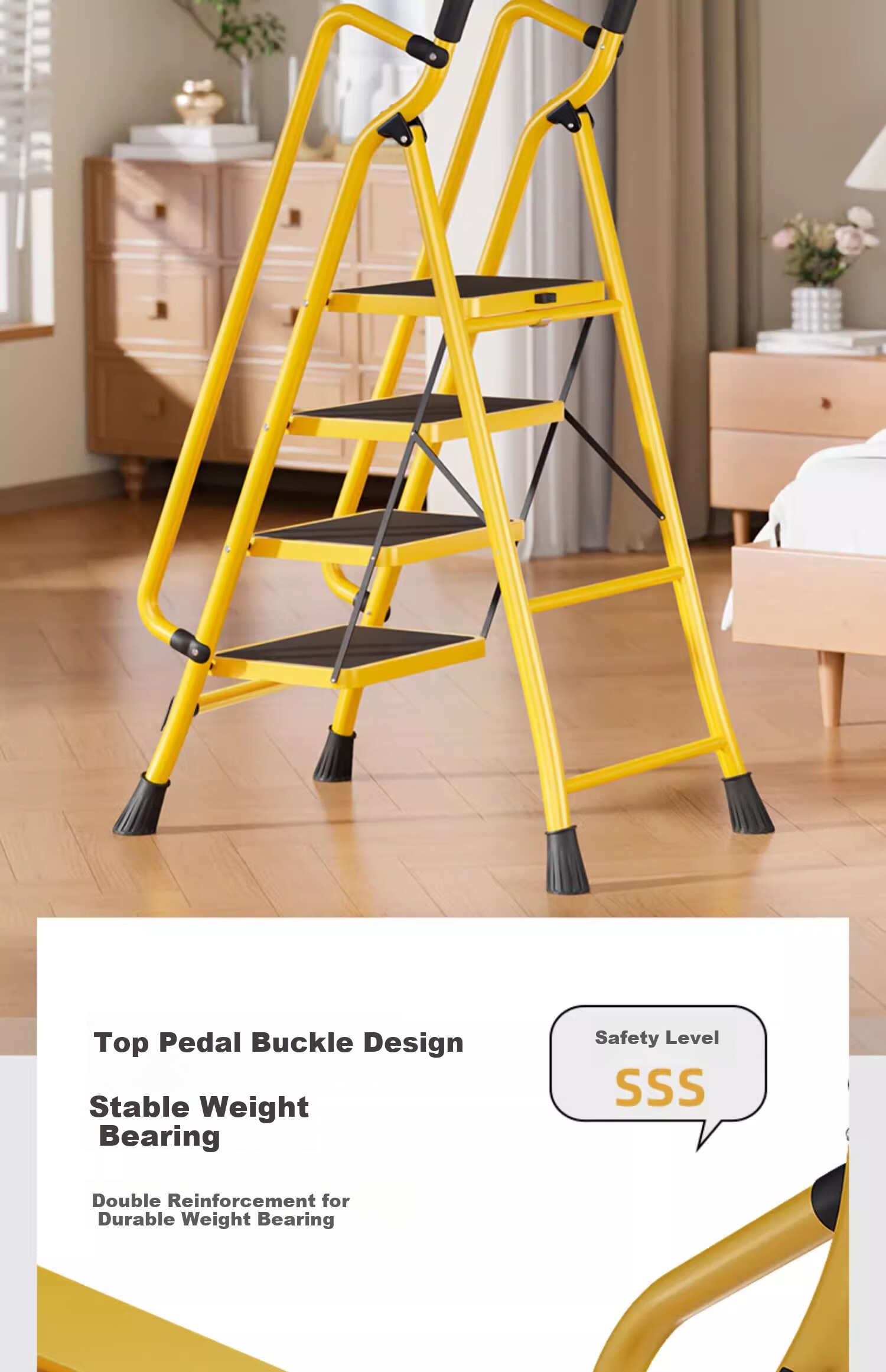 Cenggao Household Folding Ladder with Handrail, Indoor Step Ladder, Lemon Yellow Tool Tray, 5 Steps, 26*38 Tread Ladder 19