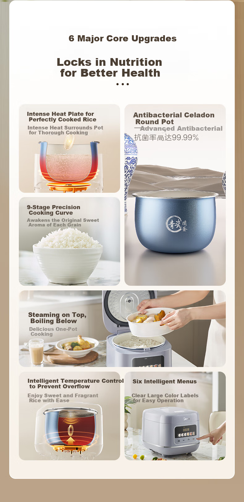 Midea Rice Cooker 3-4 People 4L Household Ceramic Antibacterial Wear-Resistant Inner Pot One-Touch Firewood Rice Quick Cooking Smart Reservation Multifunctional Micro-Pressure Stew Rice Cooker MB-4E61 2